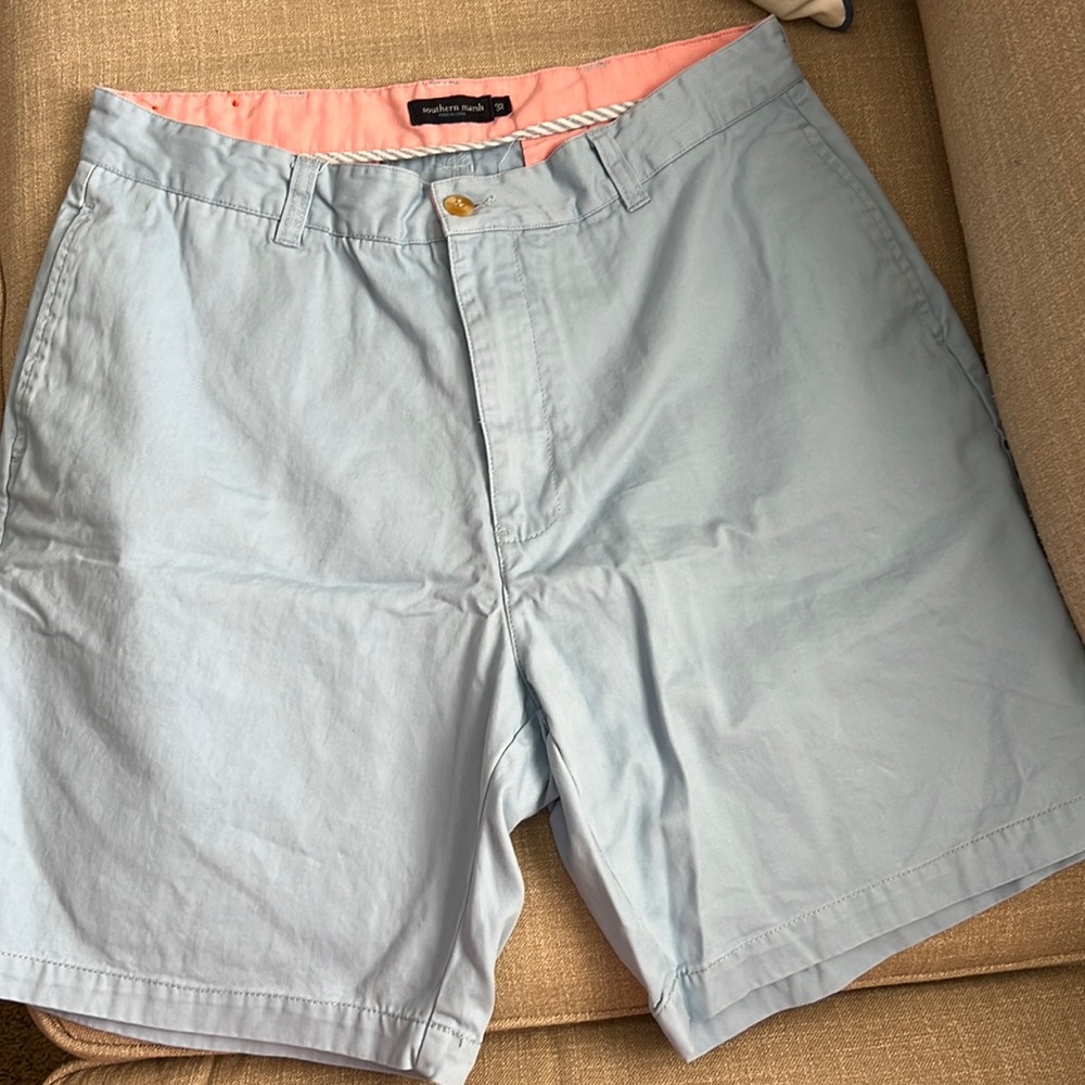Southern Marsh Light Blue Flat Front Men's Shorts with Pink Waistband Lining
